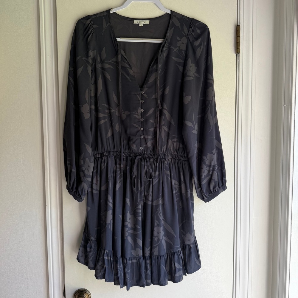 Z Supply Charcoal Floral Rayon Mini Dress Button Front Ruffle Hem Small ZD221921